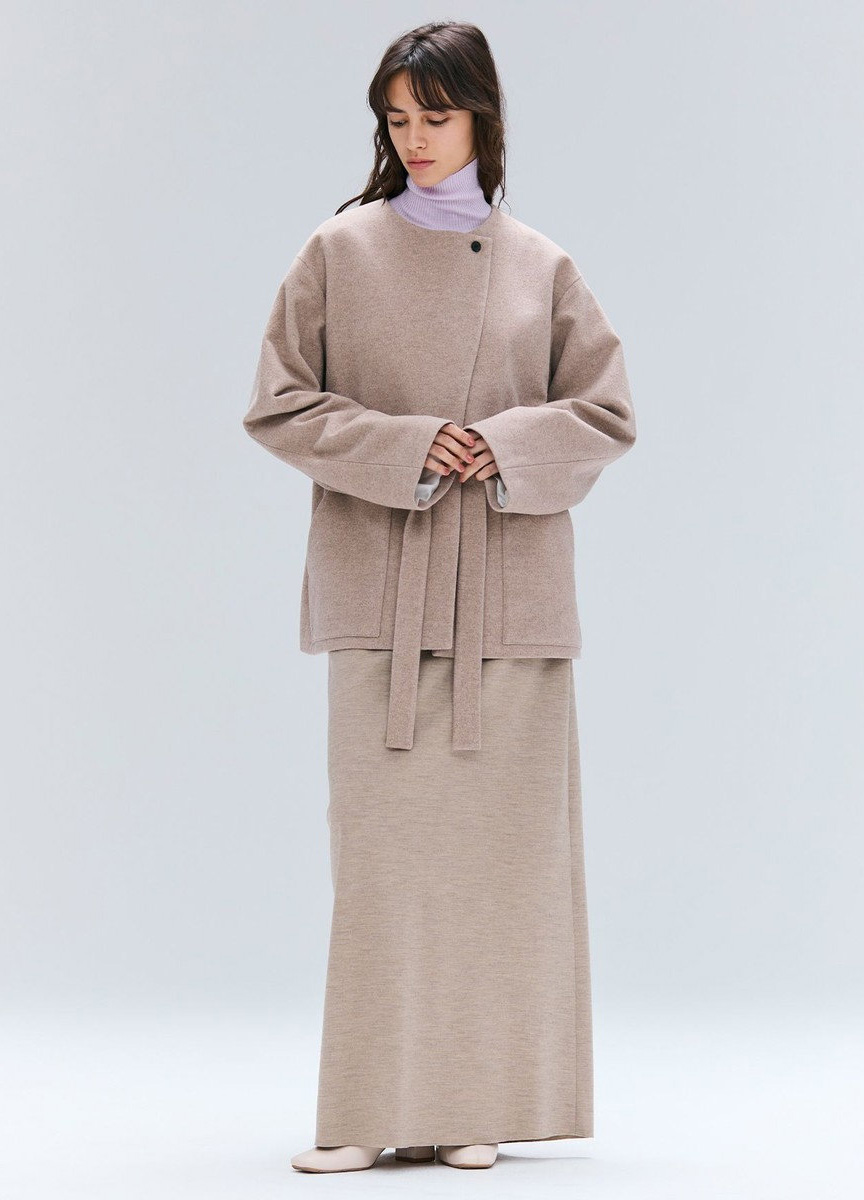 雙面毛料抽腰繩短大衣